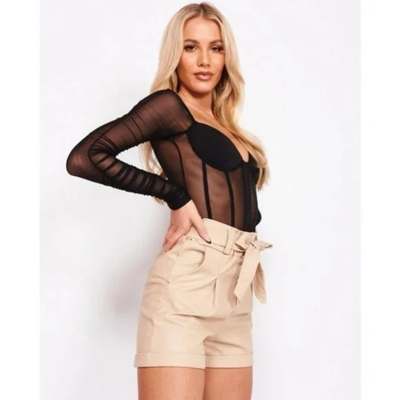 Beige Vegan Leather Faux Leather High Waist Cuffed Paper Bag Waist Shorts - Picture 6 of 17